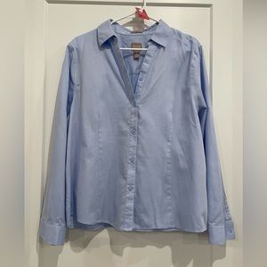 Chicos Geo Print Blue Button Down Cotton shirt Size 3 Wrinkle Resistant